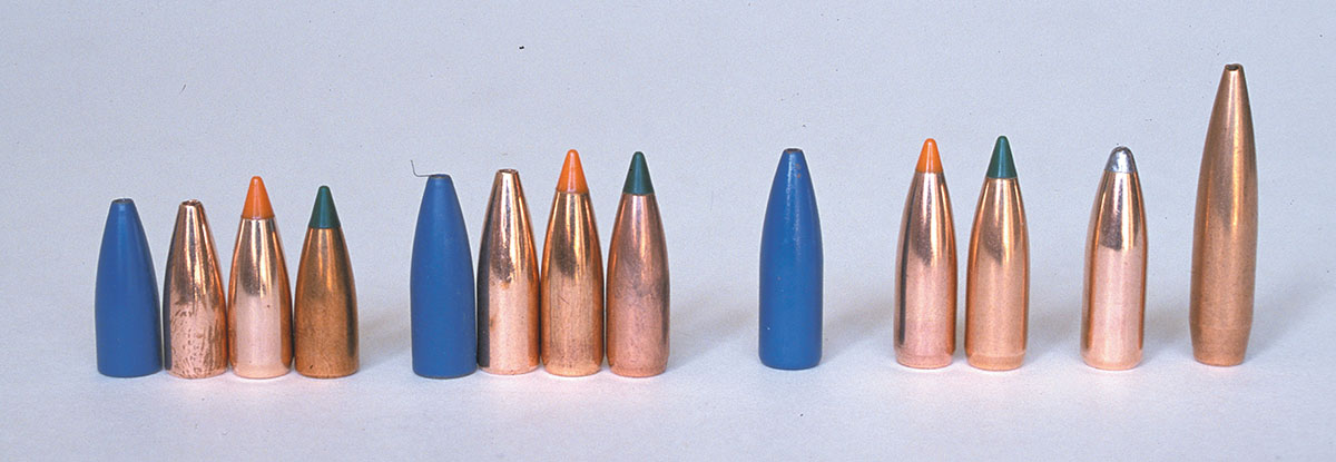 A lineup of bullets for the .223 Remington (from the left): 40-grain Barnes VLC, Barnes Varmin-A-Tor, Nosler Ballistic Tip and Sierra BlitzKing; 50-grain Barnes VLC, Barnes Varmin-A-Tor, Nosler Ballistic Tip and Sierra BlitzKing; Barnes 53-grain XLC; 55-grain Nosler Ballistic Tip and Sierra BlitzKing; Nosler 60-grain Partition; and Nosler 80-grain hollowpoint boat-tail.